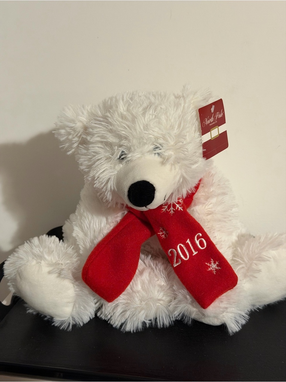 White Plush Bear with Red '2016' Scarf - Holiday Accent